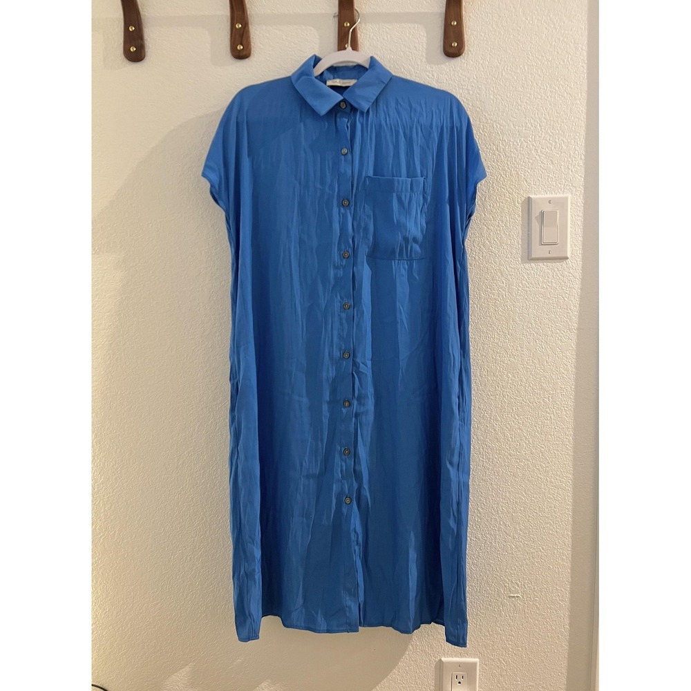 Lola & Sophie Shirt Dress Womens Small Blue‎ Collared Button Front Midi Pockets